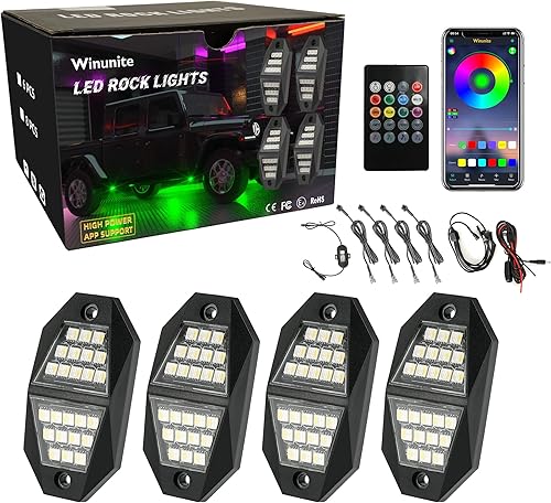 Winunite 4 cápsulas de luces LED RGB de 210 grados de gran angular, modo de música impermeable, 29 modos de cambio de colores, aplicación de modo de