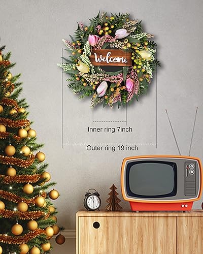 Miniatura 2 de Coronas de tulipanes verdes, coronas artificiales de primavera y verano de 19 pulgadas para decoración de puerta delantera, boj con bayas grandes