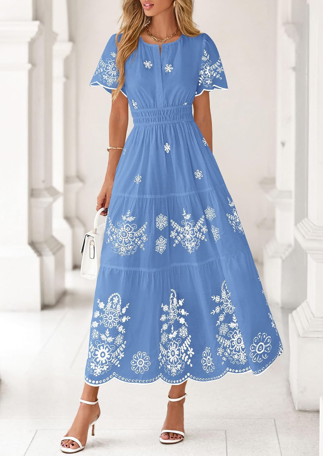 PRETTYGARDEN Boho Dresses for Women 2026 Summer Spring Casual Floral Short Sleeve V Neck Maxi Elastic Waist Dress Pockets - Image 2