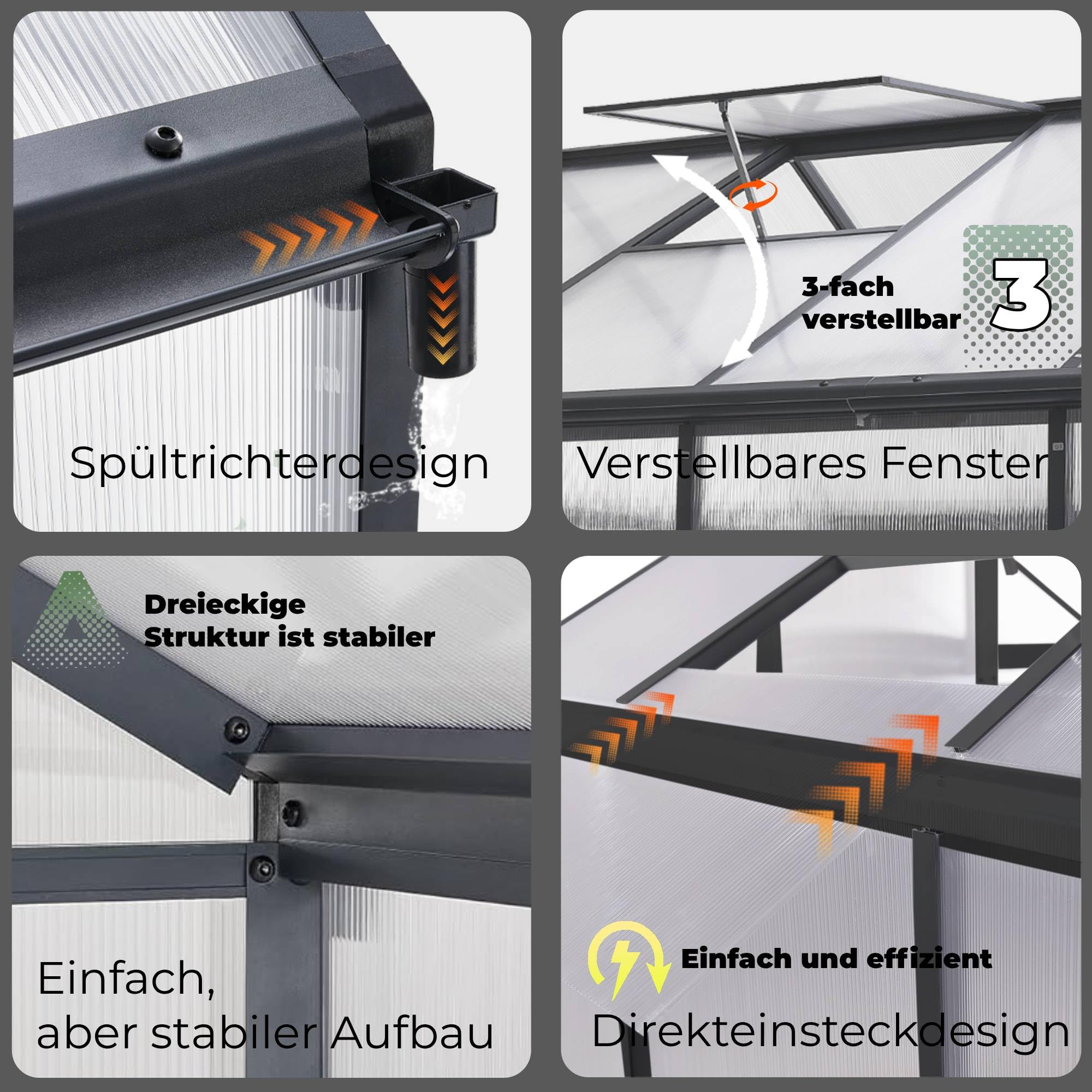 Gewächshaus Aluminium für den Garten |Mit 8 cm dickeres Fundament| 361*238*210 cm | Vielseitig nutzbar als Treibhaus Gartenhaus Winterfest Aufzucht Tomatenhaus Frühbeet und Pflanzenhaus Grau