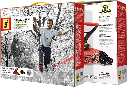 Miniatura 4 de Gibbon Slacklines Classicline XL con arboles rojo 82 pies línea de 74 pies  correa de trinquete de 8 pies con lazo reforzado incluye protección de