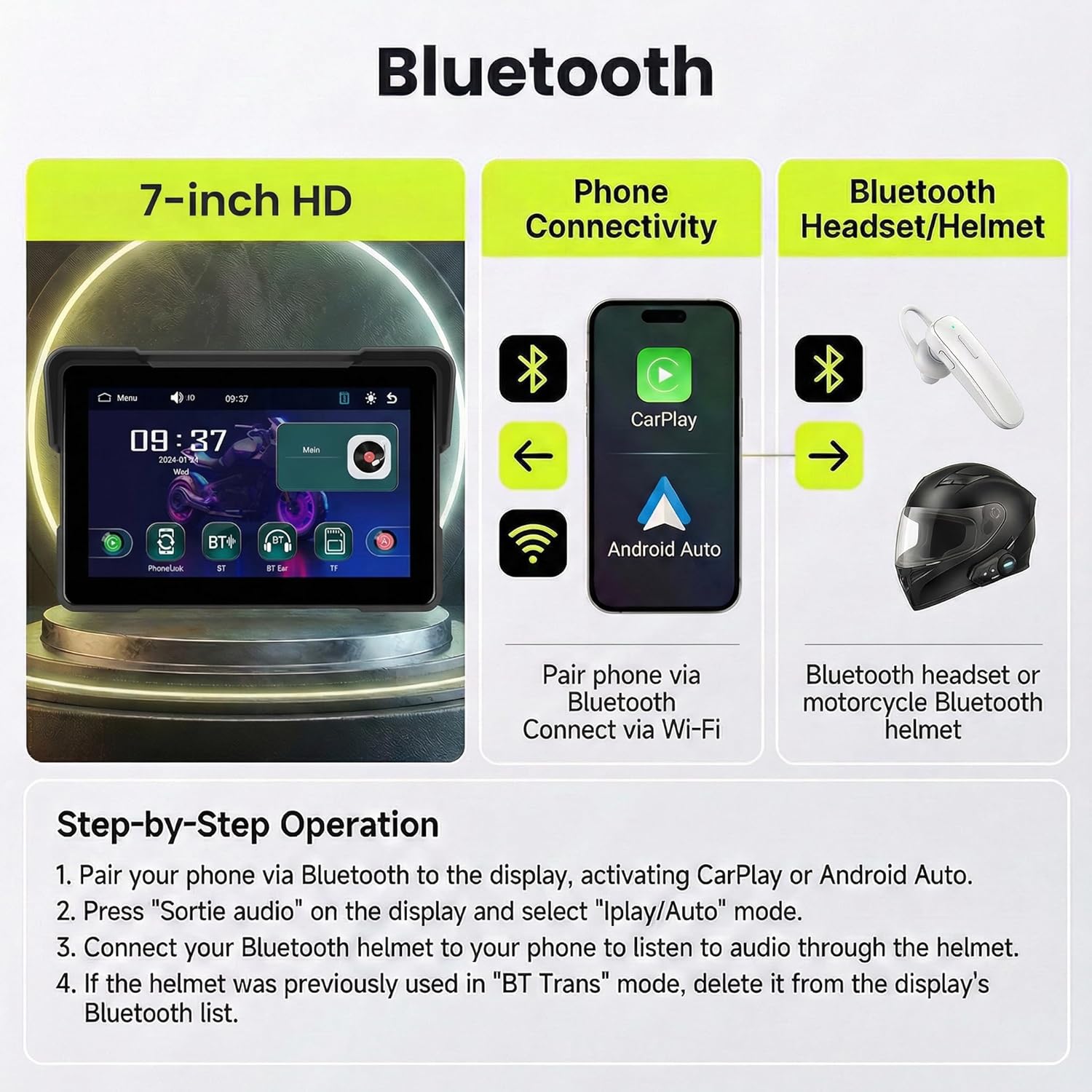 Rimoody 7 Inch Motorcycle Carplay Screen with Wireless Carplay Android Auto for Car, IP67 Waterproof Touchscreen, GPS Navigation, Supports Dual Bluetooth Transmission/EQ Sound Control/Voice Control