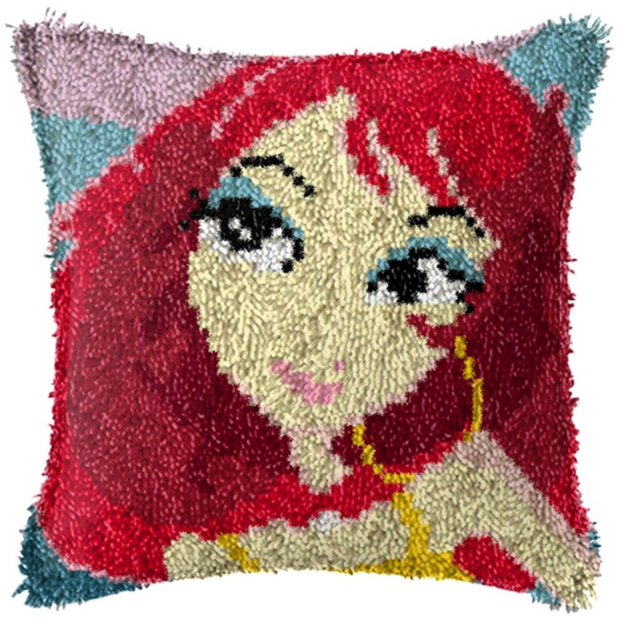 Gofission Latch Hook Cushion Kits for Adult Beginners, Red-Haired Fairy Princess DIY Preprinted Pattern Pillow Making Kit with Accessories for Sofa Bedroom Decor 17x17 inch (Princess)