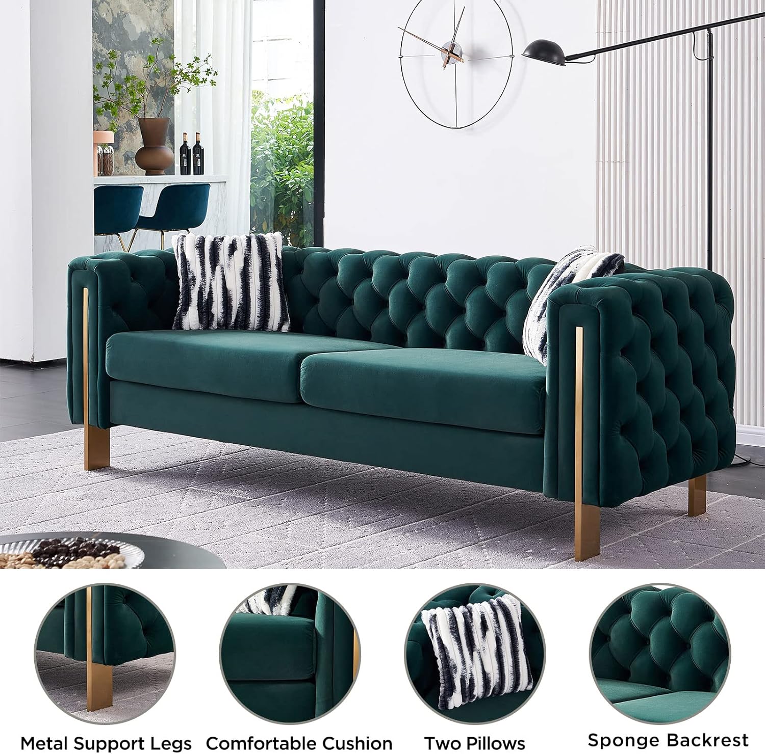 Modern Sofa Couches for Living Room, 84 Inches Velvet Button Tufted Couch Upholstered Sofa with 2 Pillows and Metal Legs Decor Furniture for Bedroom, Office (Green)