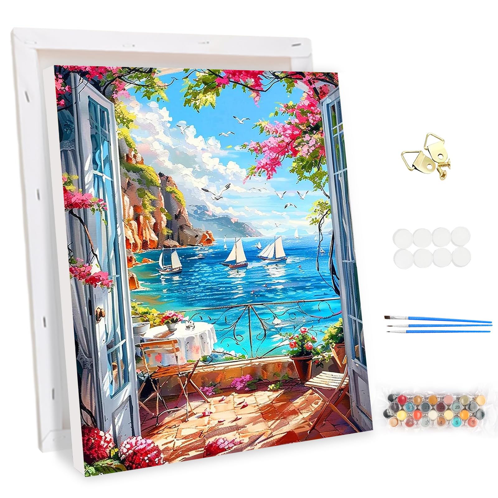 MEIYUDA Pintar por Numeros Adultos con Marco Paisaje junto al mar, Cuadros por Numeros Pigmento Acrílico, DIY Pintura por Numeros Kit Manualidades, Decoración para el Hogar Regalo de pared 30x40cm