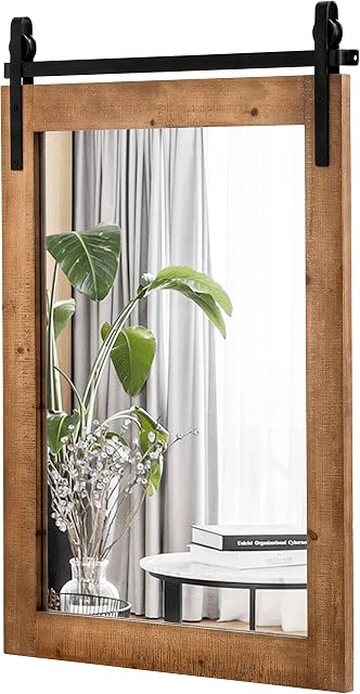 COSTWAY Decorative Rustic Wall Mirror, Rectangle Barn Door Hanging Vanity Mirror, Farmhouse Solid Wood Frame Wall Mounted Mirror for Bathroom, Living Room, Bedroom and Hallway