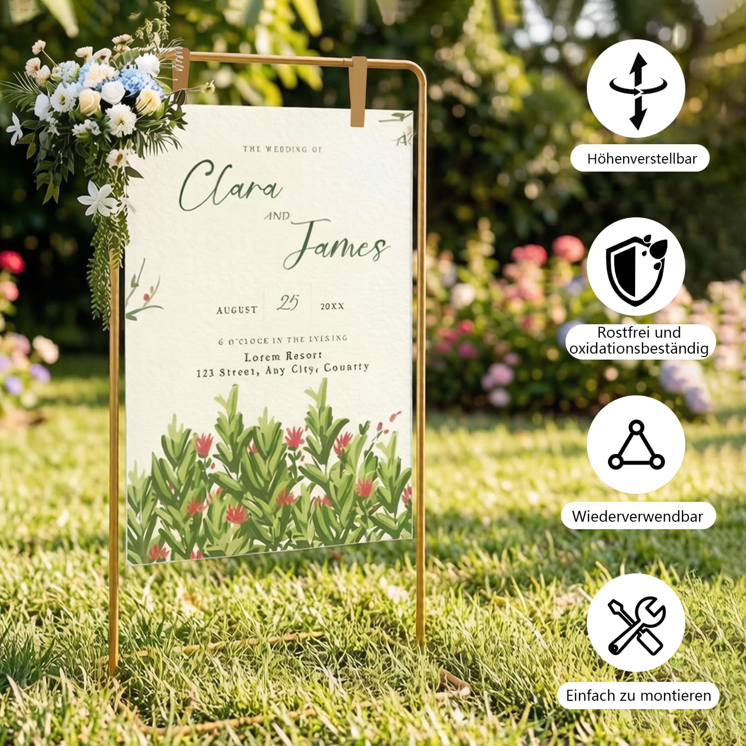 Hochzeitsschild Halter, Schweres Metall Quadratisches Hintergrundgestell 1.75m mit 4 Lederriemen für Outdoor & Indoor, Willkommensschild Halter für Partydeko, Posters, Hochzeit und Jede Feier