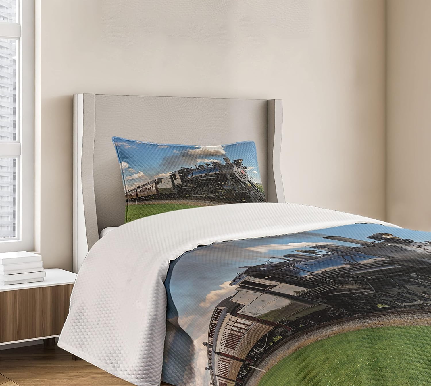 Ambesonne Steam Engine Bedspread, Vintage Locomotive in Countryside Scenery Green Grass Puff Train Picture, Decorative Quilted 2 Piece Coverlet Set with Pillow Sham, Twin Size, Green Blue Twin Size Green Blue