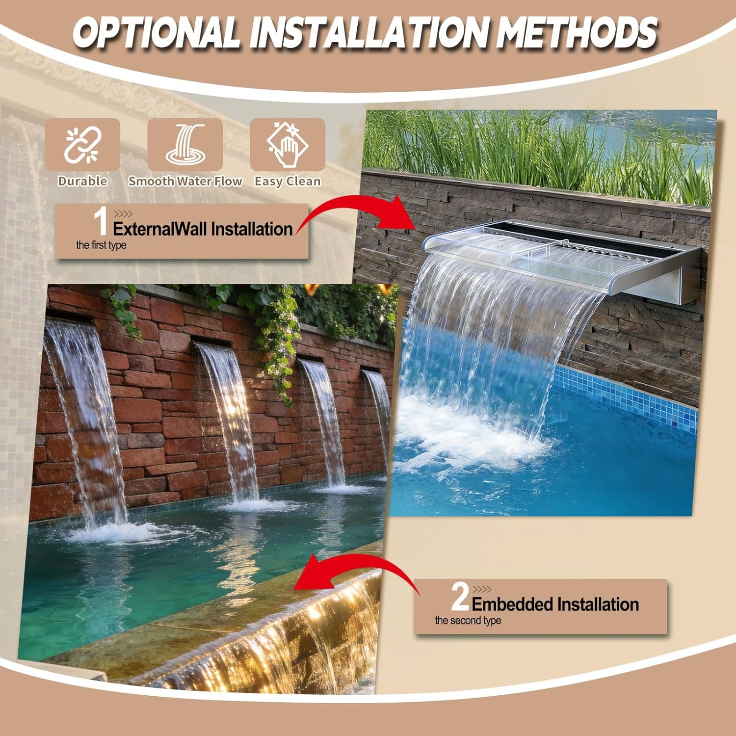 Pool Fountain, Transparent Acrylic Pool Waterfall Spillway with Pipe Connector Kits for Indoor/Outdoor Decorative, 11.8 Inches Pool Water Feature for Garden Patio, Backyard Koi Pond Decor