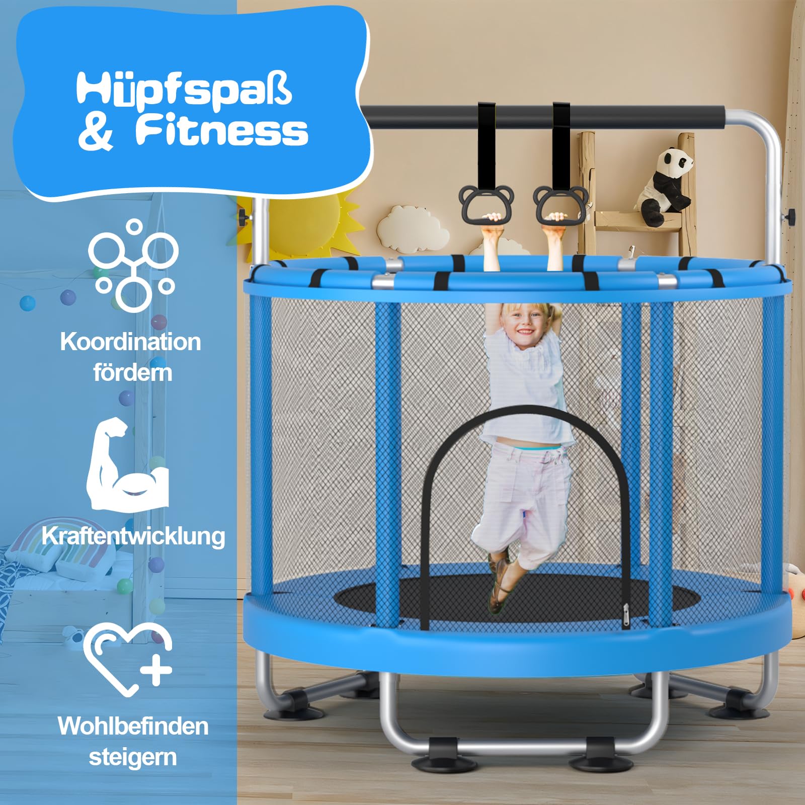 ZCMHAXJ Ø140 cm Trampolin Kinder mit Sicherheitsnetz – 200 kg Tragkraft, Trampolin Indoor/Outdoor – Mit höhenverstellbarer Turnstange & 5 Spielzeugen