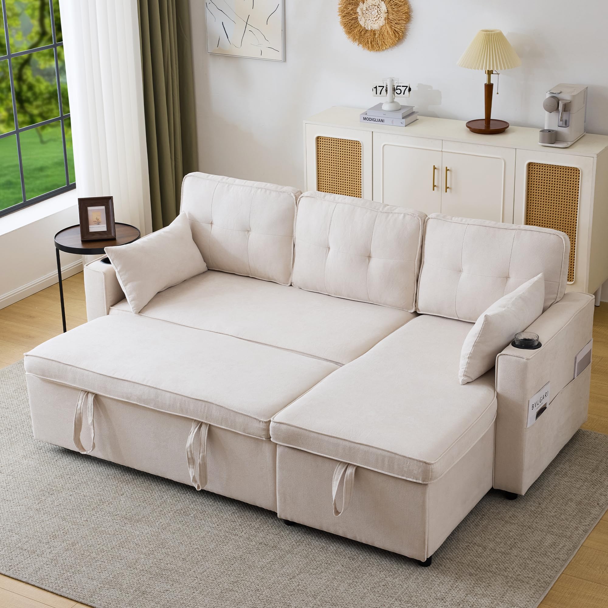 Sofá y cama en forma de L, sofá-cama con función de dormir, 3 plazas, diseño moderno, muebles tapizados, con espacio de almacenamiento y soporte para bebidas
