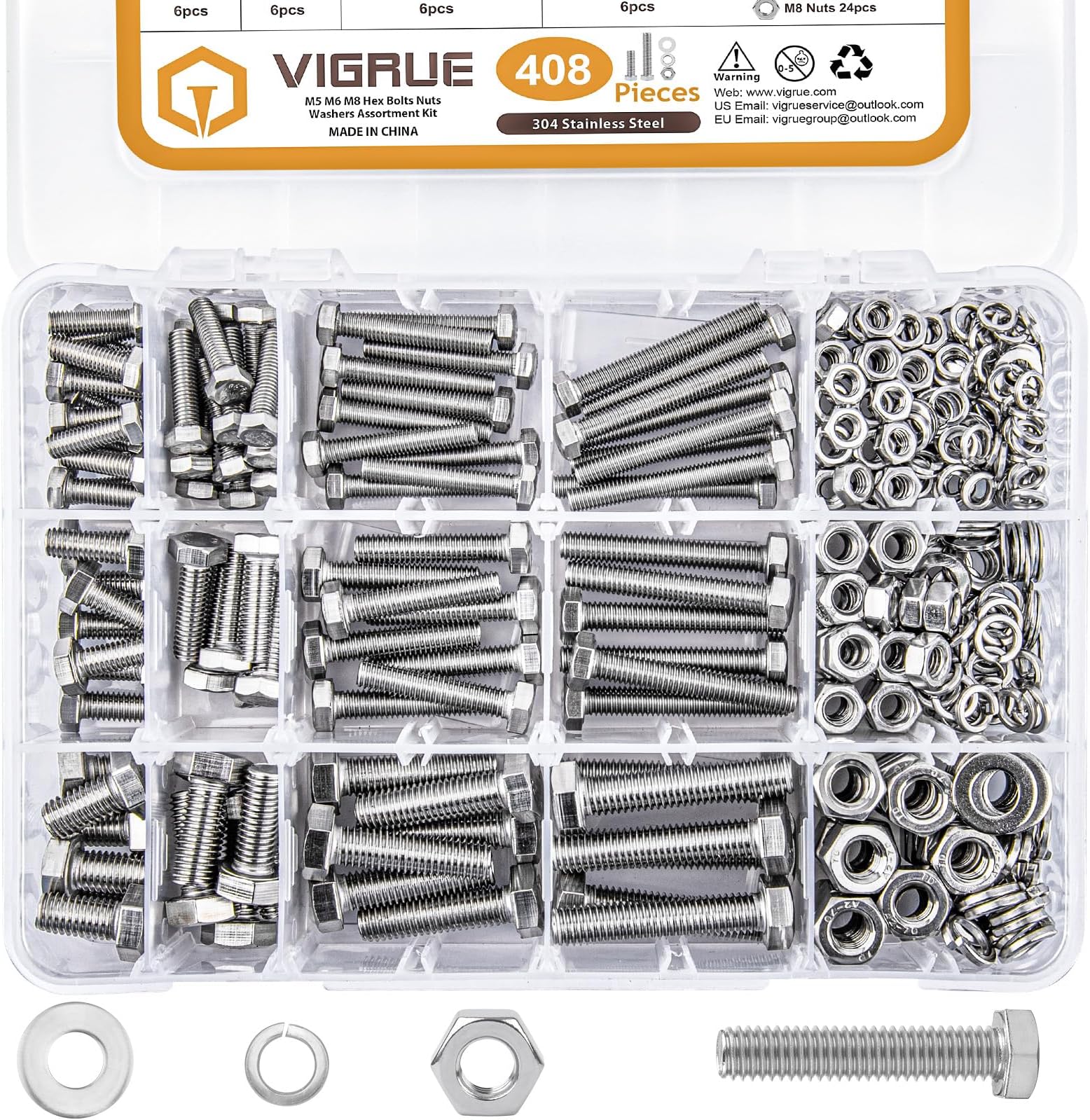 VIGRUE 408pcs M5 M6 M8 Bolts and Nuts Assortment Kit, 304 Stainless Steel (18-8) A2 Hex Metric Bolts Nuts Washers Kit, Fully Thread
