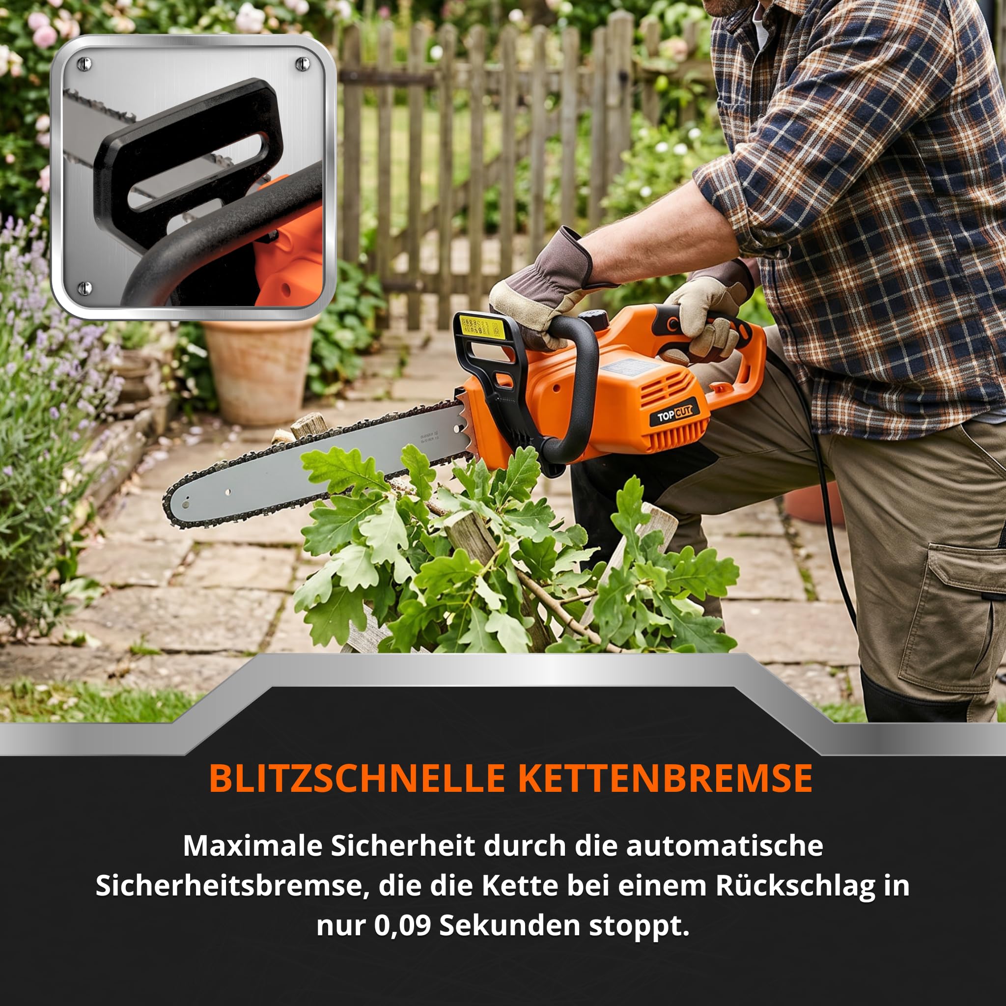 TOP CUT TC-CE-2400-O | Elektro-Kettensäge 2400W | Professionelles OREGON Schwert 40cm (16 Zoll) | Werkzeugloses SDS Kettenspannsystem Automatische Schmierung Kettenbremse 0.09s | Elektrische Säge