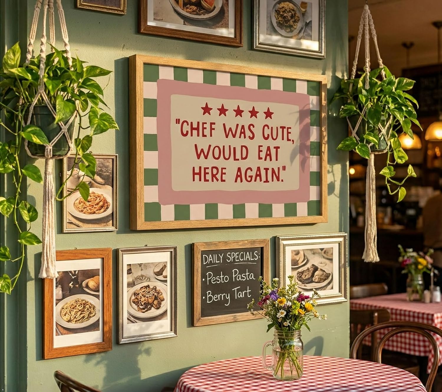 Wood Framed Funny Kitchen Quote Canvas Wall Art, Chef Was Cute Would Eat Here Again Poster Print Artwork, Trendy Pink Green Check Painting Picture Wall Decor, for Kitchen, Cafe Home Decoration 10x8In