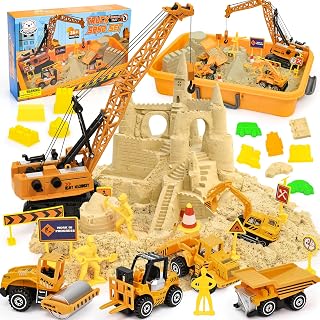 Tacobear Play Sand for Kids, Construction Site Sandbox Kit with 1400g Magic Sand, Crane, 5 Mini Vehicles, 14 Sand Molds and Signs, Sensory Toys Sand Toys Magnetic Sand Play Set Gift for Kid Boys Girls
