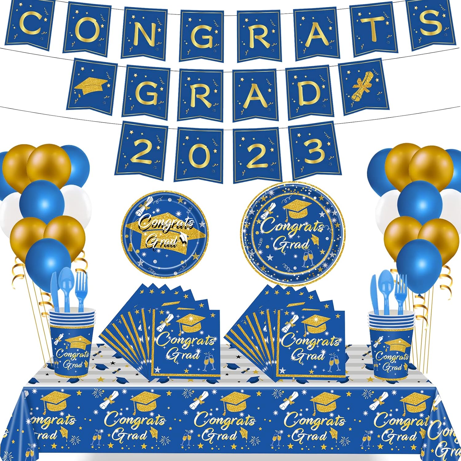 201PCS Graduation Party Decorations Supplies - with Graduation Plates and Napkins 2023, Grad Banner, Tablecloth, Balloon, Tableware Set for Graduation Party, Blue Graduation Decorations, Serves 24