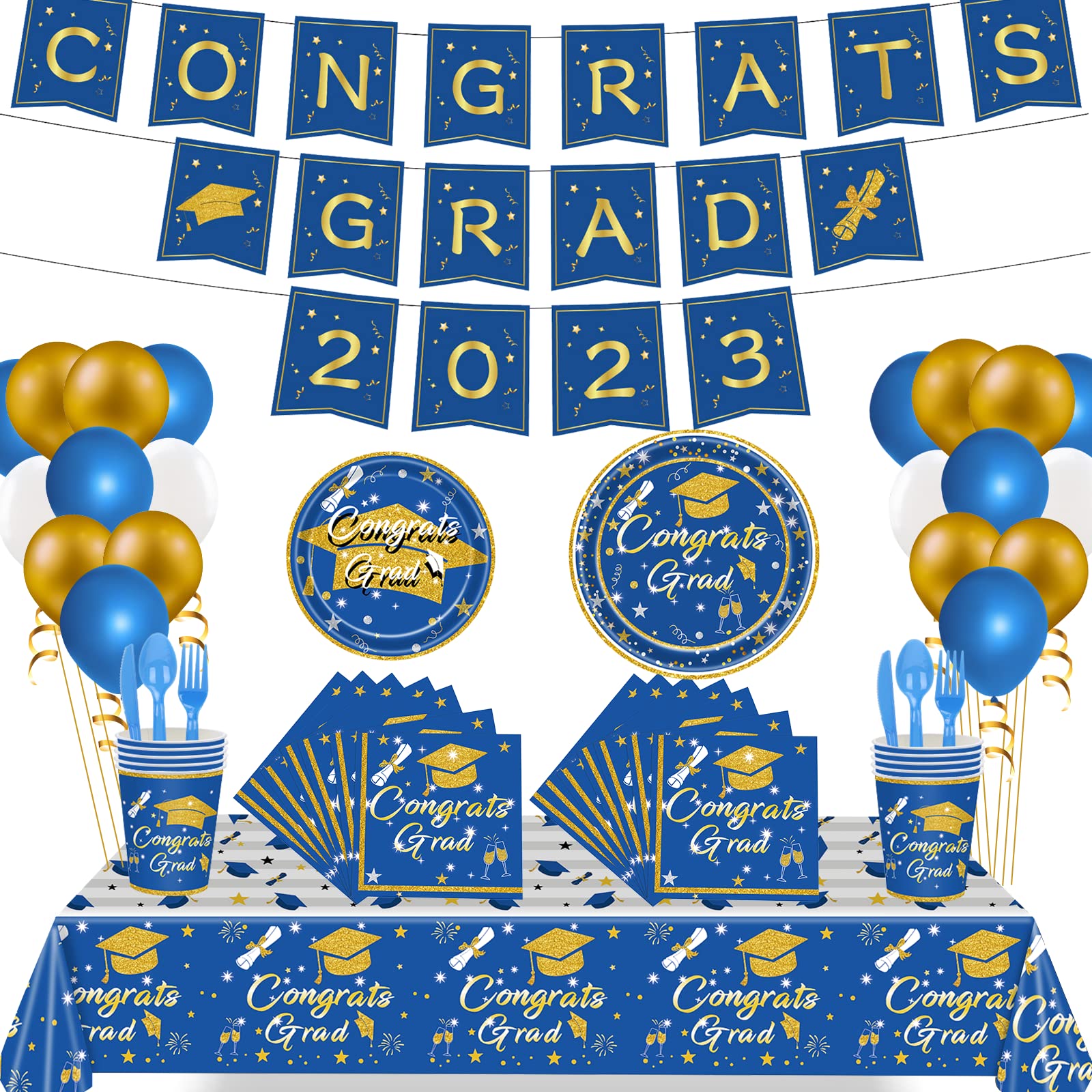 Photo 1 of 201PCS Graduation Party Decorations Supplies - with Graduation Plates and Napkins 2023, Grad Banner, Tablecloth, Balloon, Tableware Set for Graduation Party, Blue Graduation Decorations, Serves 24