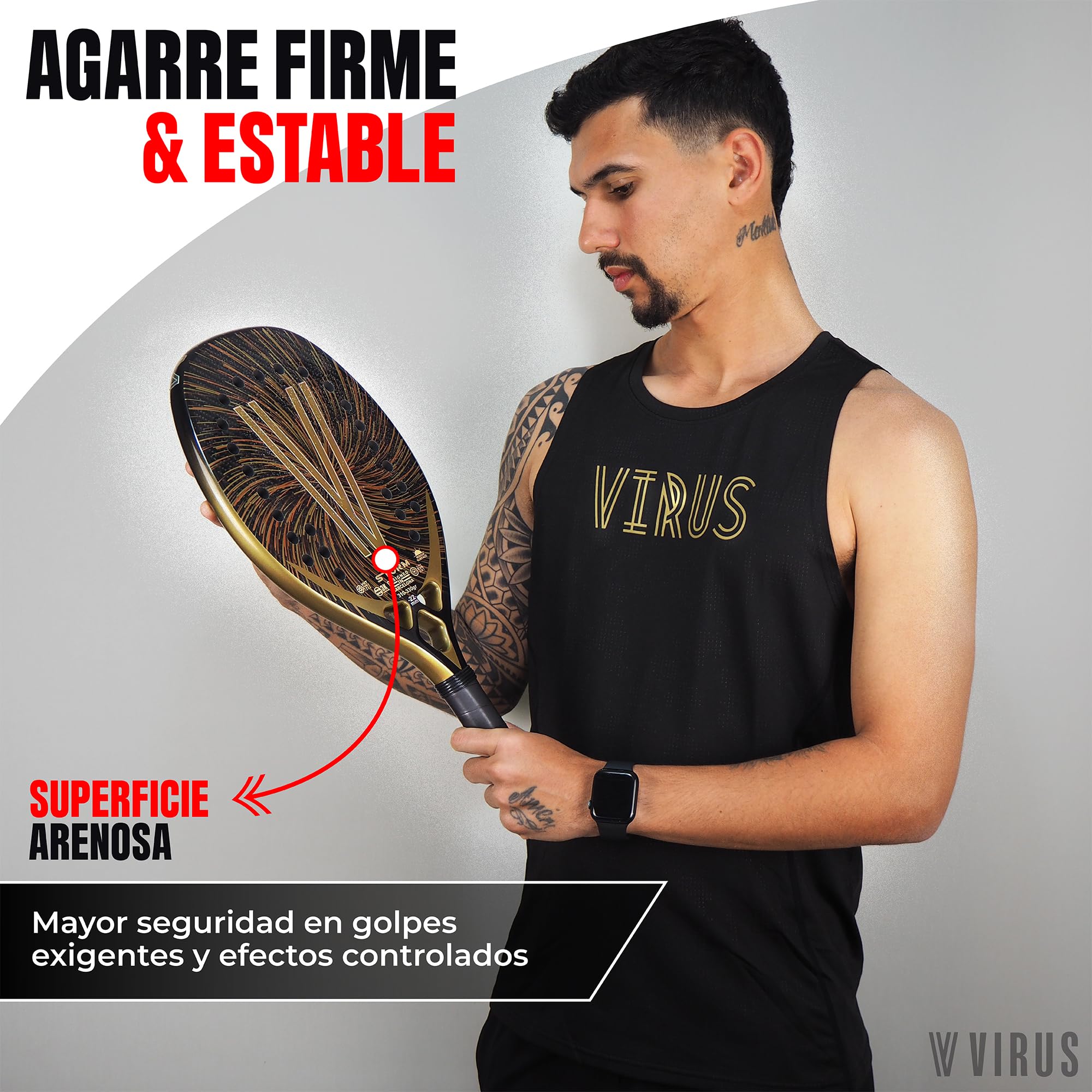 VIRUS Storm Raqueta Beach Tennis Profesional – Carbono 3K, Black EVA Soft, Balance Medio, Potencia y Precisión, Incluye Funda