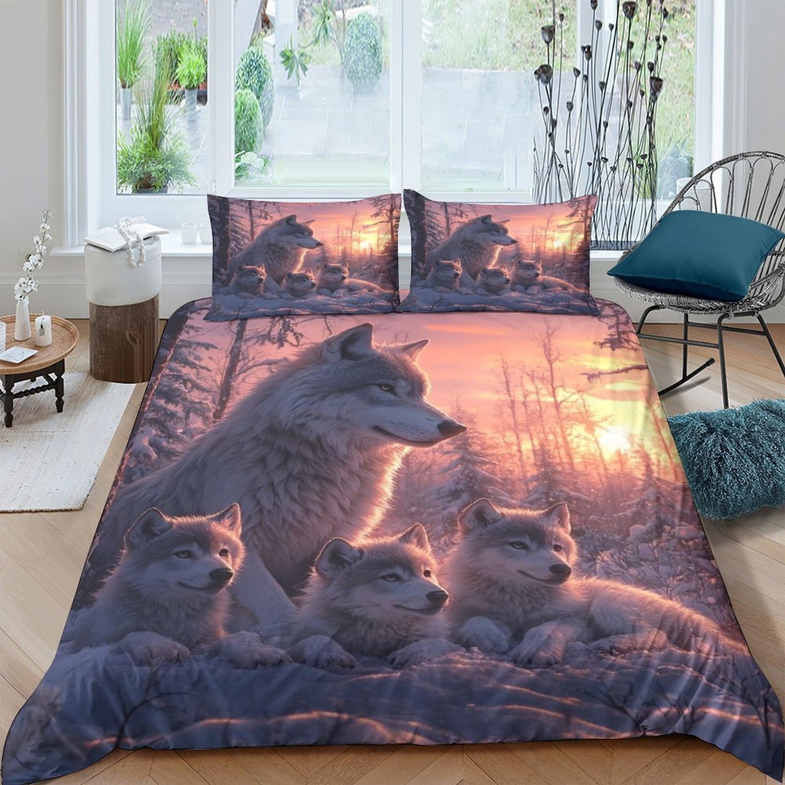 Ctjqhvkz Style-10 3D Printed Wolf Family Fitted Sheet Microfiber Soft Breathable Sunset Forest Mattress Cover Bedroom Home Decor Single（135X200cm）