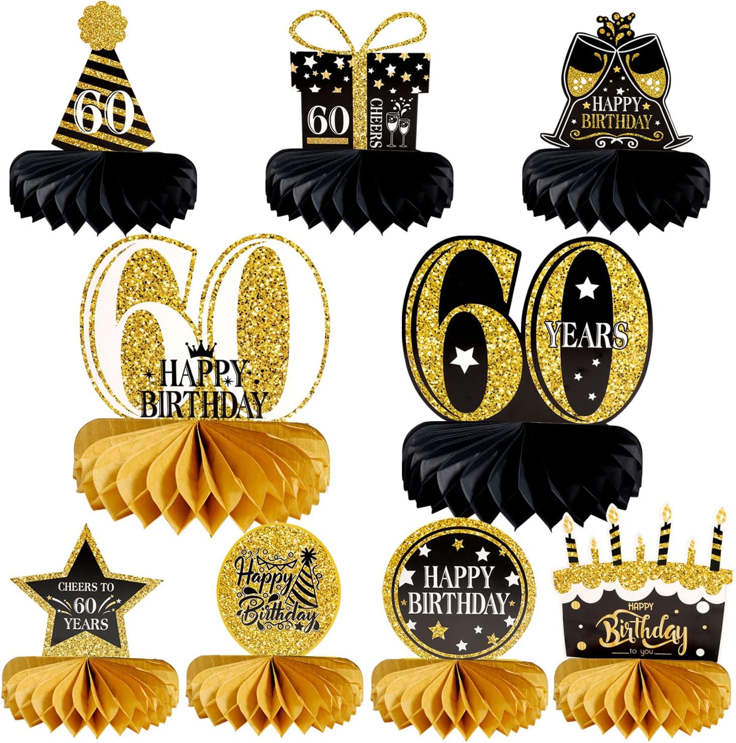 Hemiks 9 Pieces 60th Birthday Decoration, Honeycomb Centerpieces Cheers to 60 Years Honeycomb Table Topper for Men and Women Sixteen Years Birthday Party Decoration