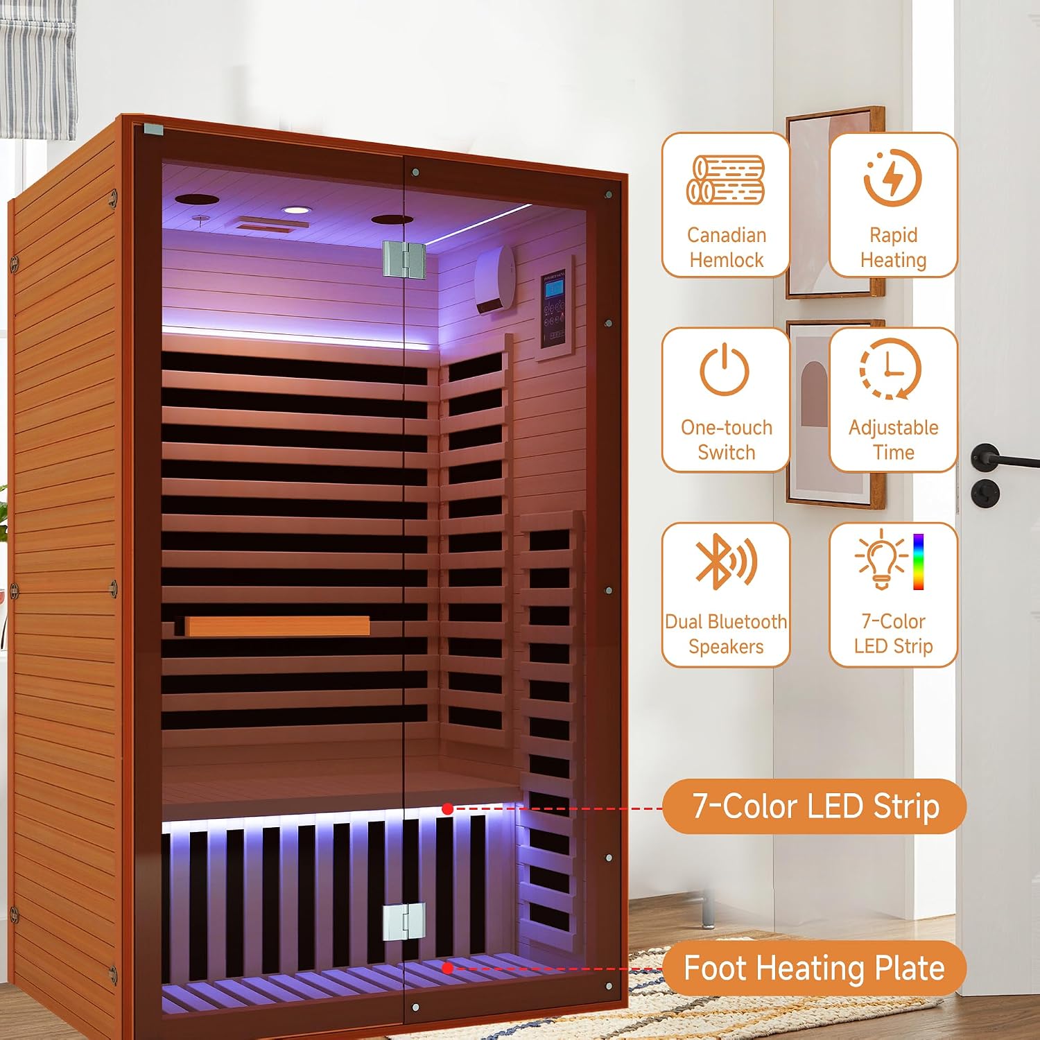 HOSAUNA Far Infrared Sauna exterior with icons highlighting key features like Canadian Hemlock, Rapid Heating, One-touch Switch, Adjustable Time, Dual Bluetooth Speakers, 7-Color LED Strip, and Foot Heating Plate.