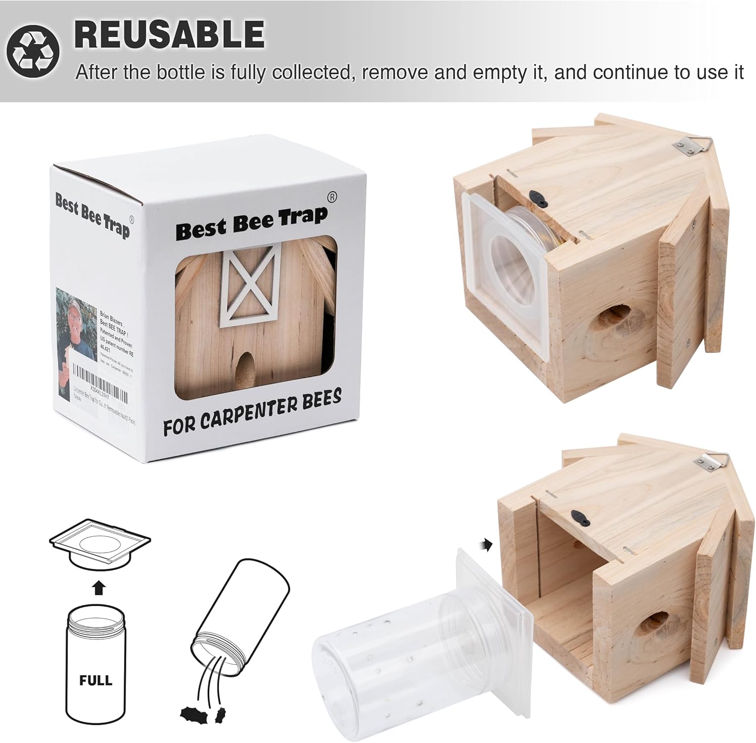 Carpenter Bee Trap for Outside - Best Bee Trap - Barn Style Nature Hanging Wood Carpenter Bee Traps Outdoor - Insect Traps with Removable Vault(4 Pack)