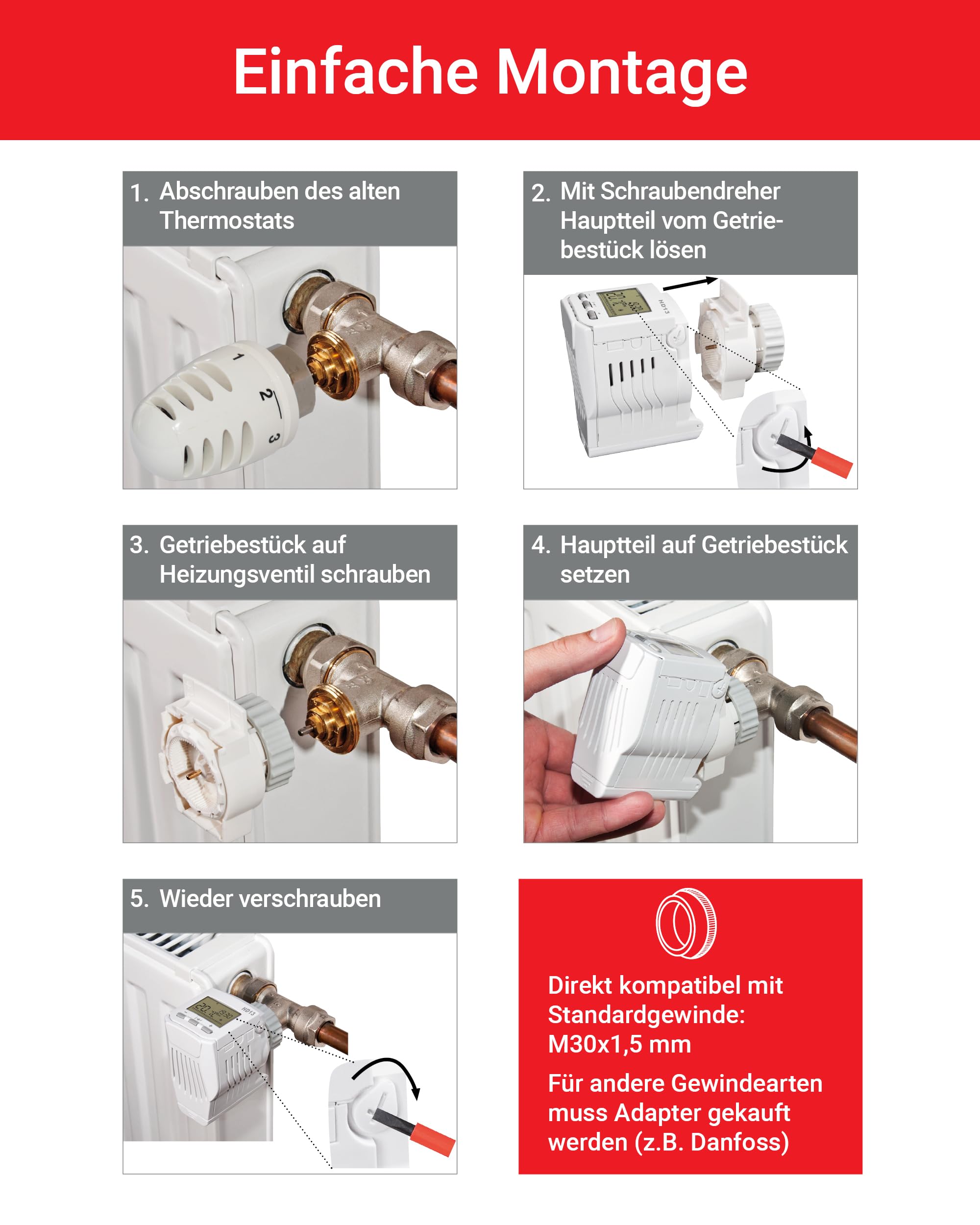 Elektrobock HD13 programowalny termostat grzejnikowy, 280 W, 230 V, biały, kompaktowy