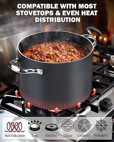 Miniatura 9 de Cooks Standard Olla de cerámica anodizada dura antiadherente de 8 cuartos con tapa de vidrio, olla de gumbo de cocción grande de inducción clásica,