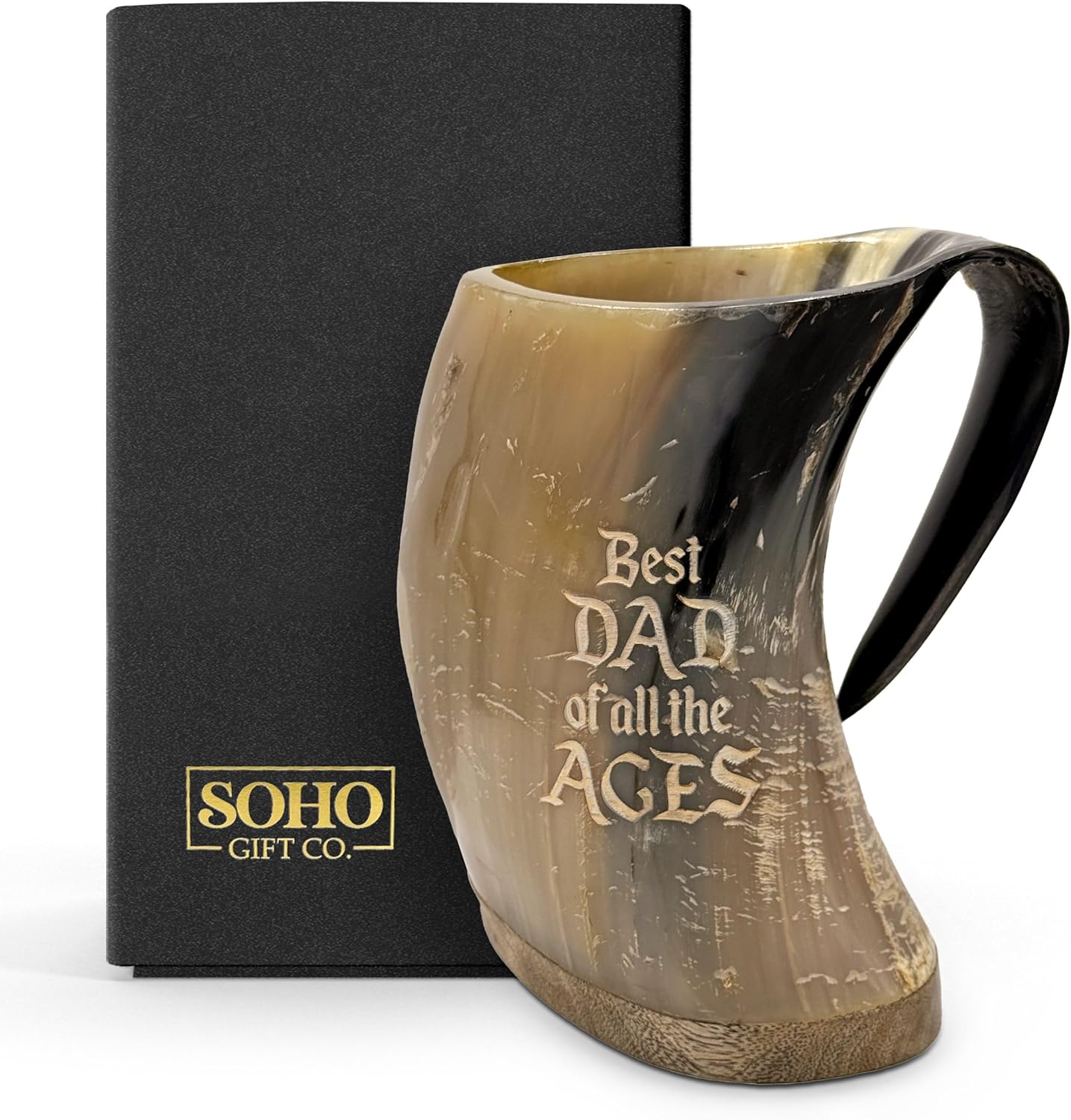 Viking Horn Mug Gift for Dad, Genuine Ox Horn Beer Drinking Cup with Handle - Engraved: Best DAD of all the AGES (16-18oz)