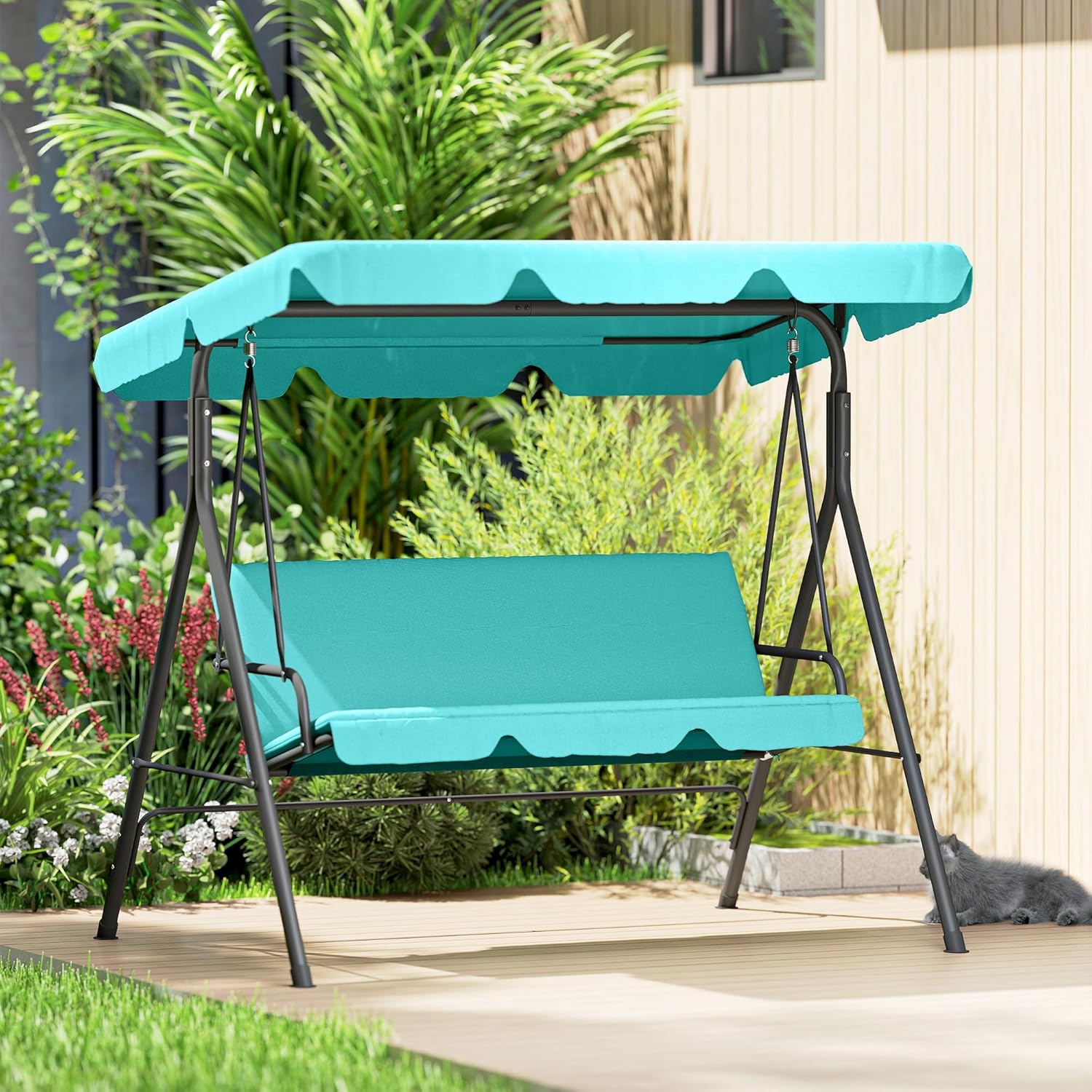 Outsunny 3-Seat Outdoor Patio Swing Chair with Removable Cushion, Steel Frame Stand and Adjustable Tilt Canopy for Patio, Garden, Poolside, Balcony, Backyard, Green