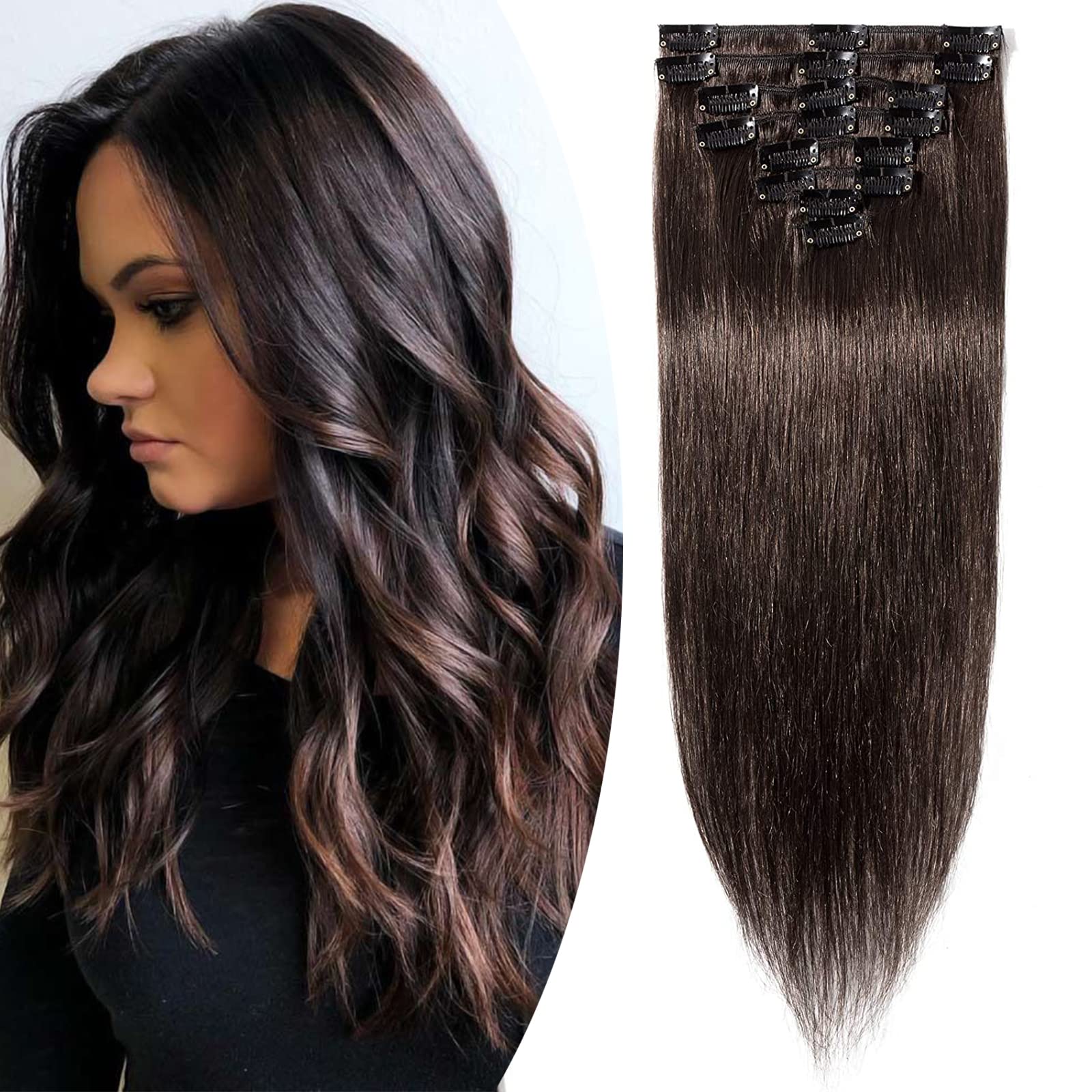 50cm Extensiones de Clip de Pelo Natural #2 Castaño Oscuro Remy Cabello Humano Balayage 8 Piezas 18 Clips Lisas Invisibles Human Hair (70g)