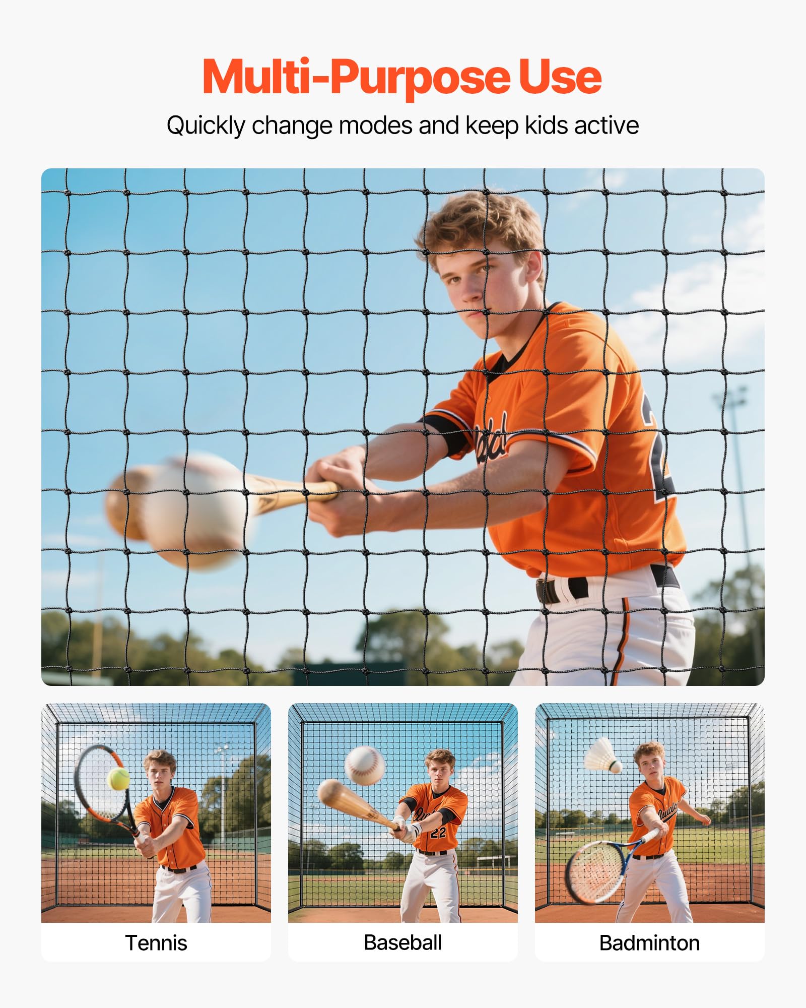 VEVOR Baseball klatka do gry w piłkę (prostokątna) siatka 10668 x 3200 x 3100 mm, przenośna siatka treningowa z 45-warstwową i wiązaną tkaniną HDPE i długimi linkami pozycjonującymi, w zestawie siatka