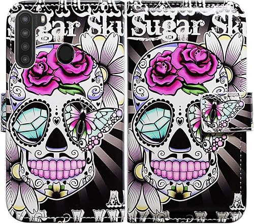 Bcov Case for Galaxy A21, Purple Flower Sugar Skull Leather Flip Case Wallet Cover with Card Slot Holder Kickstand for Samsung Galaxy A21 2020