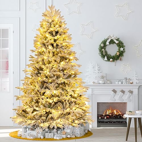 Miniatura 2 de DORTALA Árbol de Navidad preiluminado, árbol de Navidad artificial flocado de nieve de 7 pies con 1328 puntas de rama, 450 luces LED blancas