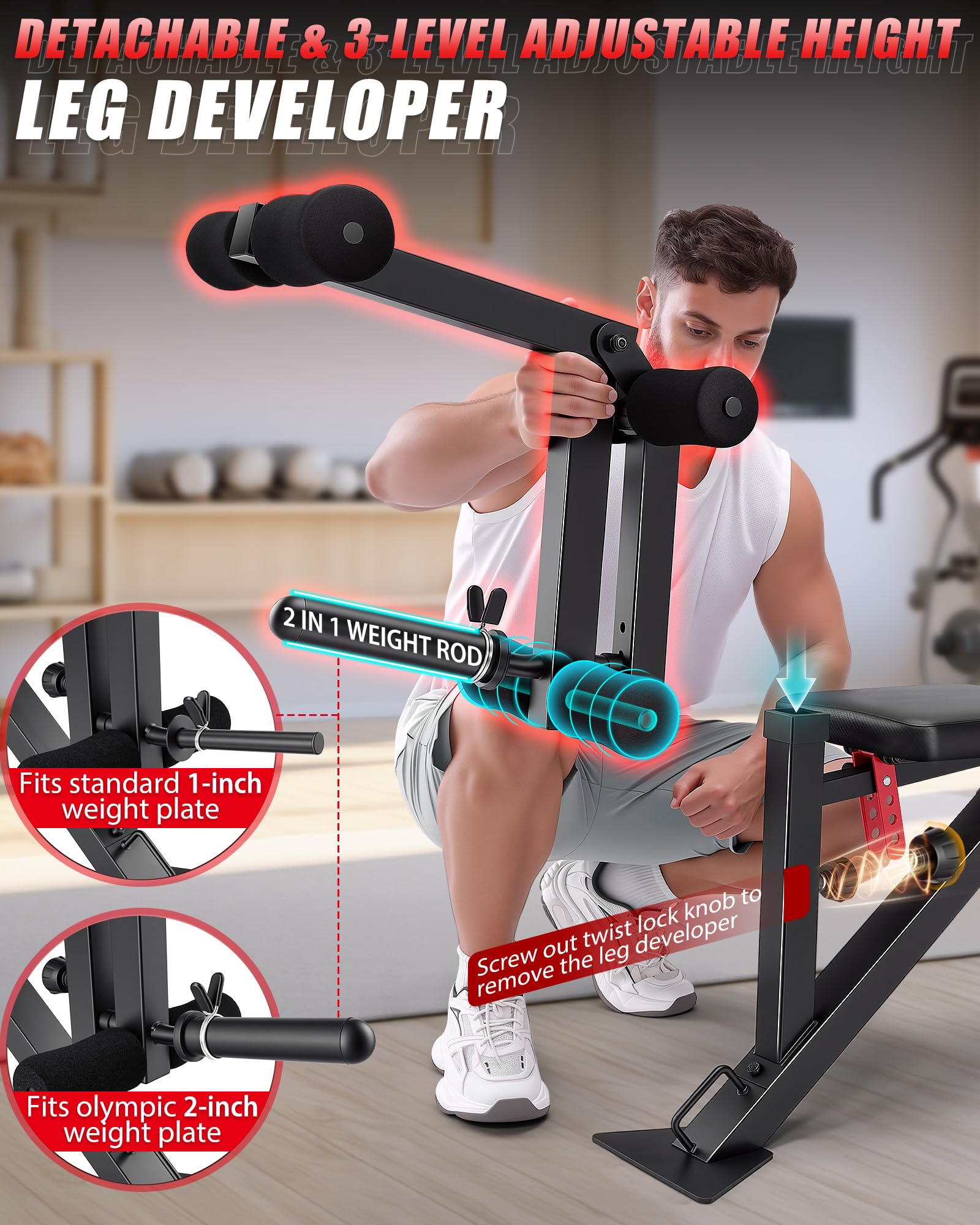 1200LBS Workout Bench with Leg Extension/Leg Curl, Adjustable Weight Bench for Home Gym, Heavy Duty Workout Bench for Full Body Workouts, Incline/Flat Bench Press Set for Strength Training