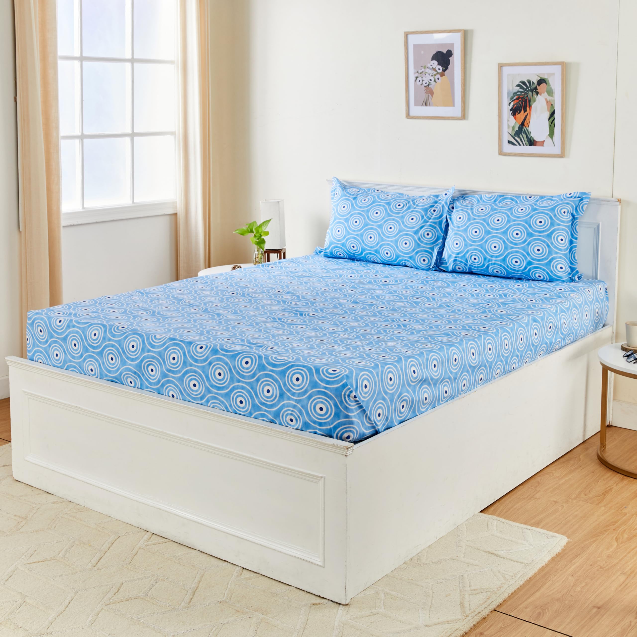 Amazon Brand - Solimo Geometric 144 TC Cotton Double Bedsheet with 2 Pillow Covers | 90x100 | Blue