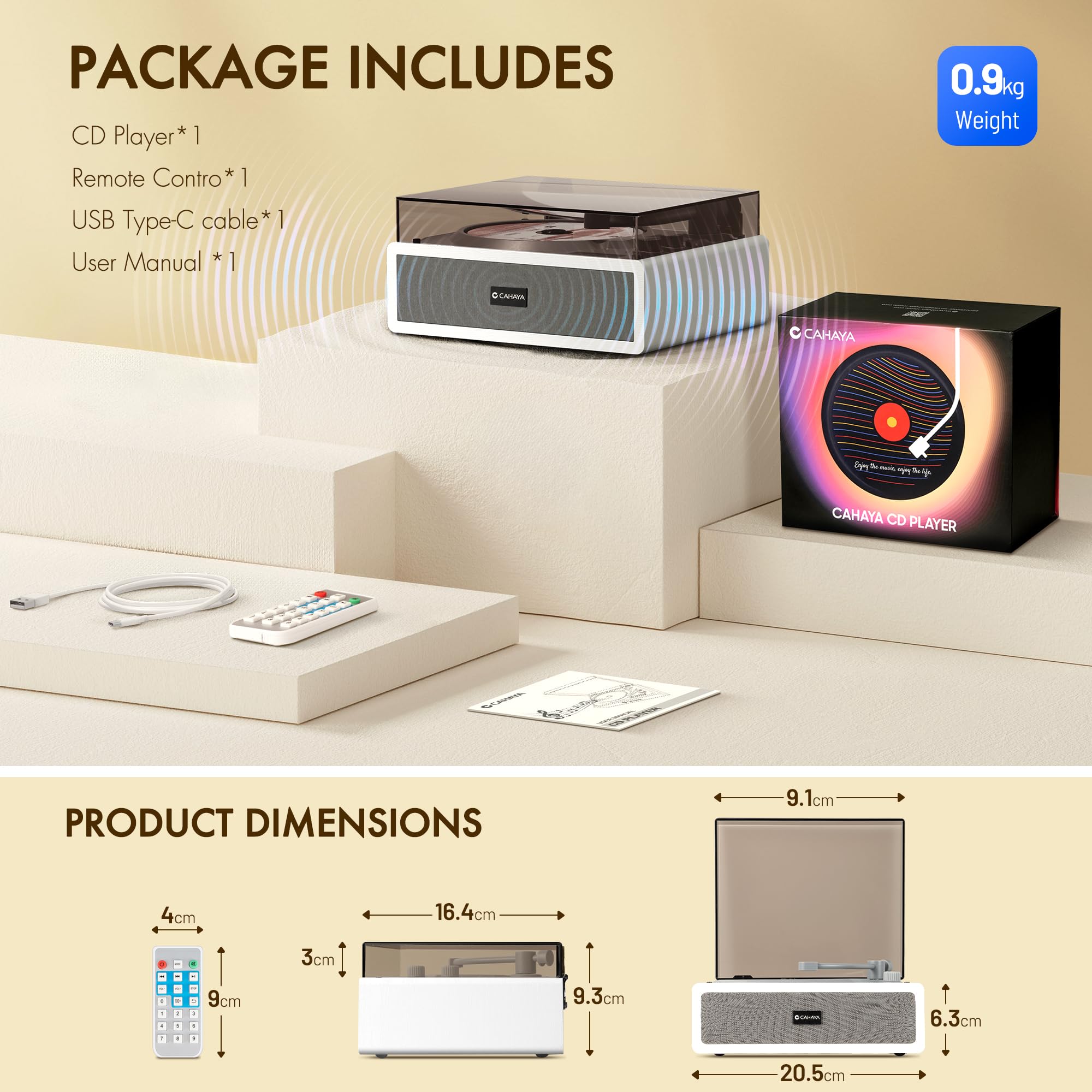 CAHAYA Reproductor de CD Portátil para Uso en el Hogar con Altavoces Hi-Fi Duales Integrados, Control Remoto y Conexión para Teléfono y PC Perfecto como Regalo