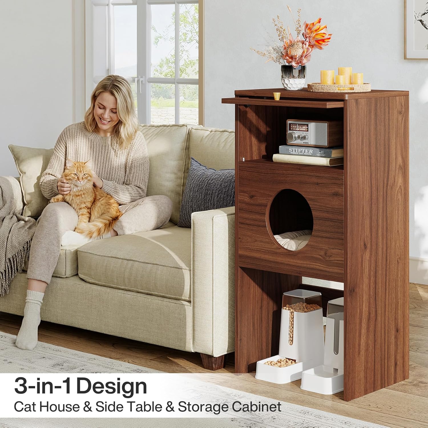 Tribesigns Tall Cat House Side Table with Storage, 2 in 1 Hidden Cat Litter Box Enclosure Furniture, Modern Indoor Cat Cabinet, Save Space for Small Apartment, Living Room, Bedroom, Walnut
