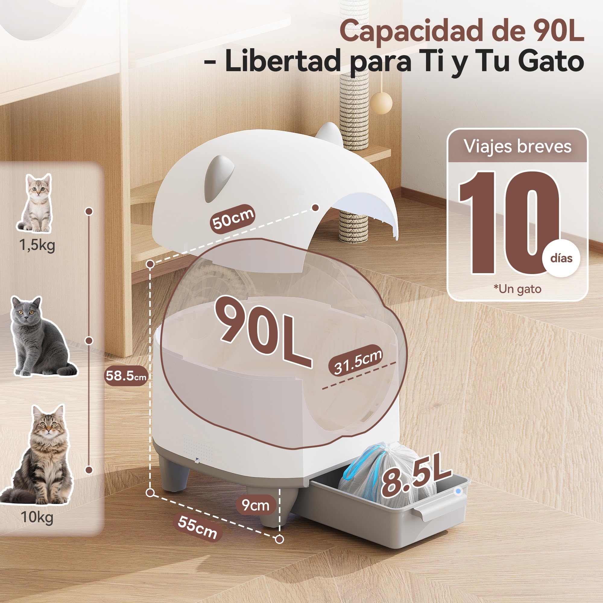 Devoko Arenero Gatos Autolimpiable Grande, 90L Gran Capacidad Arenero Automatico Gatos, Equipado con Sistema de 6 Seguridad, Compatible con Control App, Función Mejorada Eliminación Olores