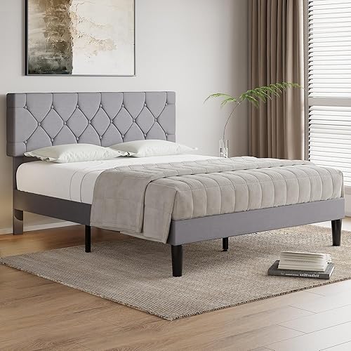 Miniatura 3 de VECELO Base de cama matrimonial con cabecero, base de cama tapizada con soporte de listones de madera, diseño copetudo, no necesita somier, color