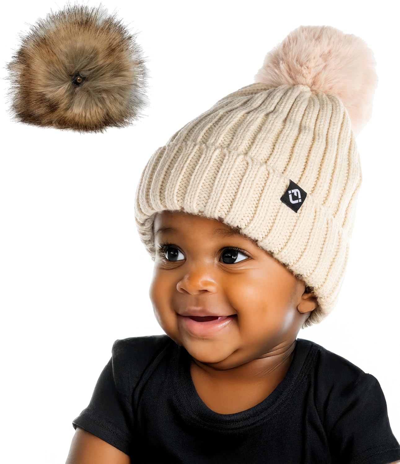 Funky Junque Knit Baby Beanie – Detachable Pom Pom Winter Hat for Infants 0–12 Months, Soft Warm Infant Beanies Boys & Girls