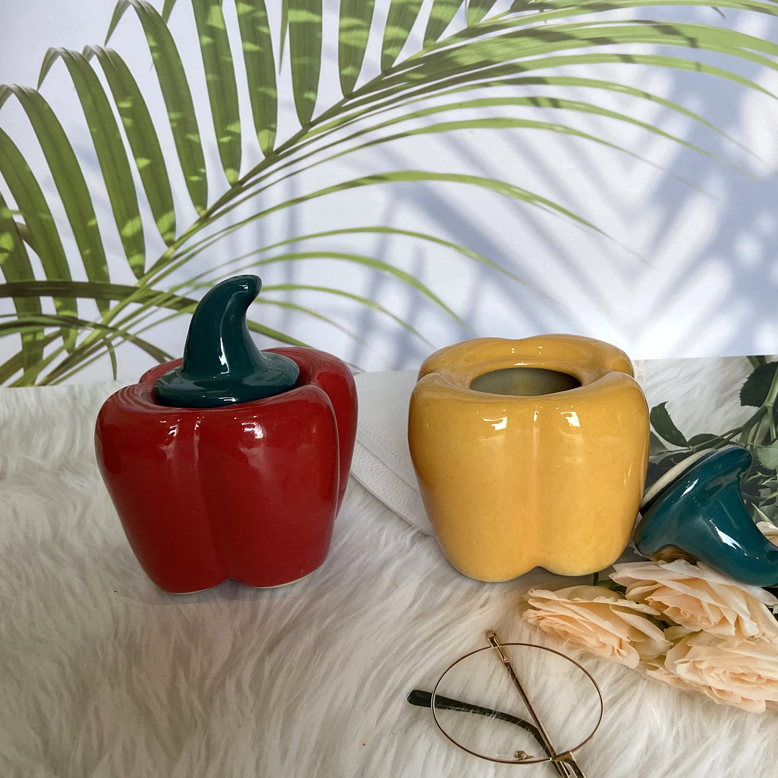 Ceramic Handcrafted Multi Utility Storage airtight Capsicum Shaped Jar with Lid 500 ml | Ceramic Kitchen Canister | Cookie Jar | Pickle Storage Jar | Burni (Pack of 2) (Red-Yellow)