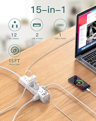 Miniatura 2 de Cable de extensión de 15 pies, protector de sobretensiones, cable largo con 12 tomas de corriente alterna, 3 USB, cable de extensión de enchufe