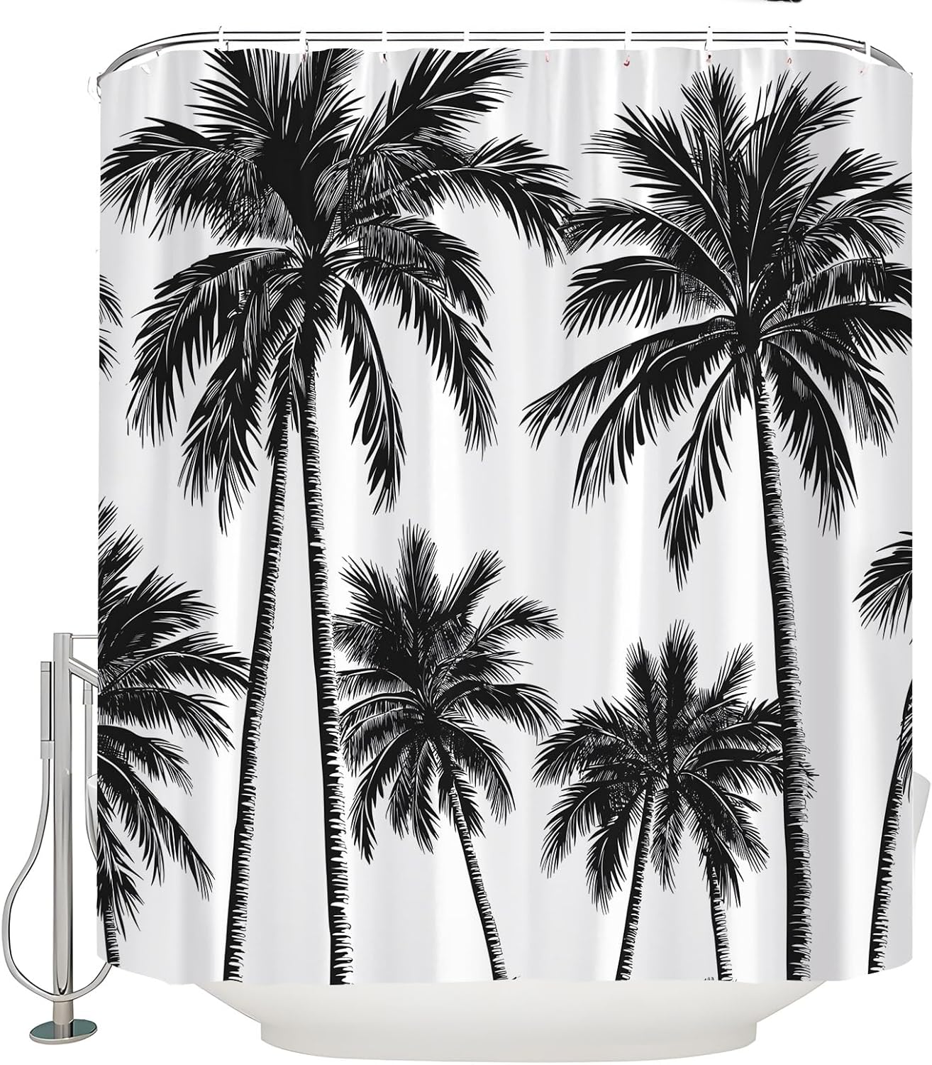 Palm Tree Shower Curtain Black White Beach Tropical Exotic Plant Silhouette Ocean Hawaii Nature Modern Minimalist Bath Decor Curtain with Hooks, 70x84 Inch