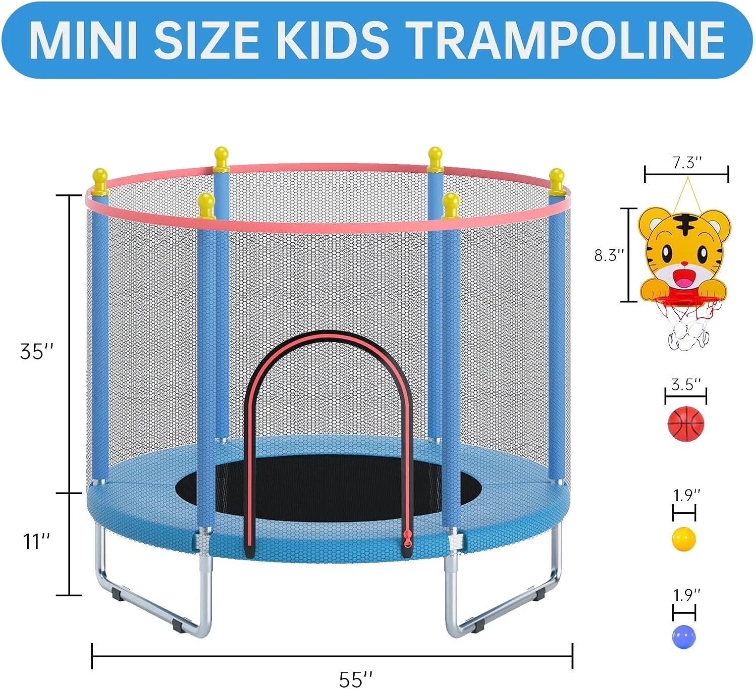 55" Trampoline for Kids, Telawah Indoor/Outdoor Mini Baby with Safety Enclosure Net, Adjustable Toddler with Basketball Hoop, Gifts for Boys & Girls - Image 2