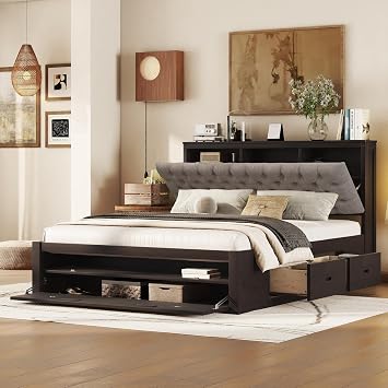 KLMM Wood Queen Size Platform Bed with Storage Headboard, Shoe Rack and 4 Drawers,for Kids Teens Adults Bedroom Use (Espresso@Rack, Queen)