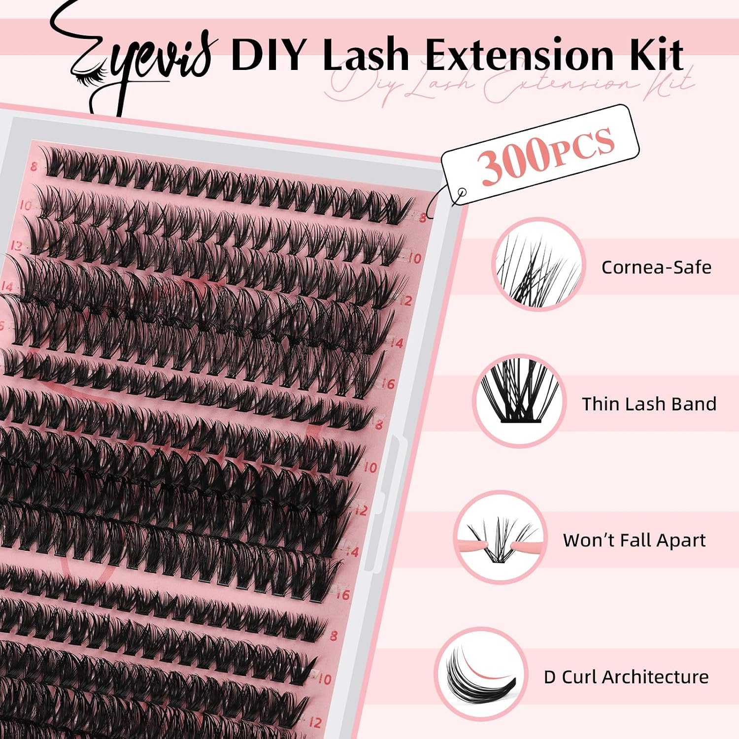 Lash Extension Kit 300PCS Lash Clusters Kit D Curl Eyelash Cluster 8-16mm 30D 40D 50D Individual Lashes Kit with Lash Bond and Seal Lash Tweezers（30D+40D+50D-D Kit, 8-16MIX）
