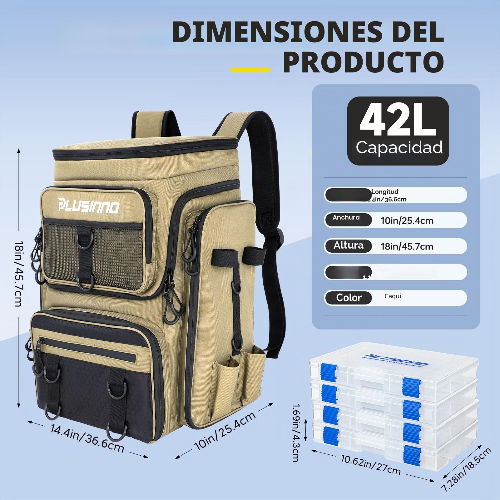 PLUSINNO Fishing Backpack With Tackle Boxes Mochila de pesca con cajas de aparejos Unisex adulto