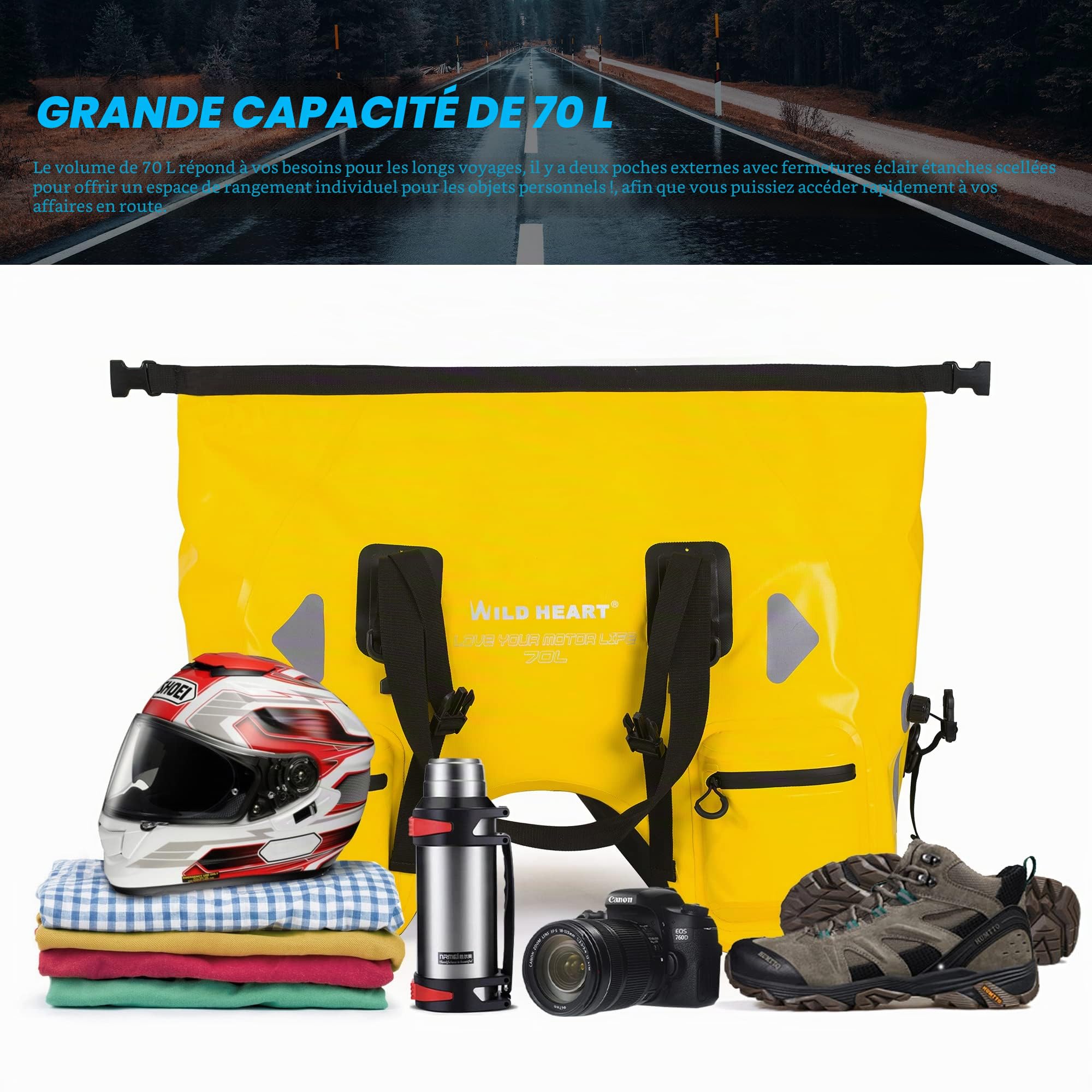 WILD HEART Sac de Voyage Moto en U de 70L Sacoche Etanche Selle Moto - Rangement Durable et étanche pour Motos - Facile à Installer, Sécurisé et sans Danger pour Votre équipement (Jaune)