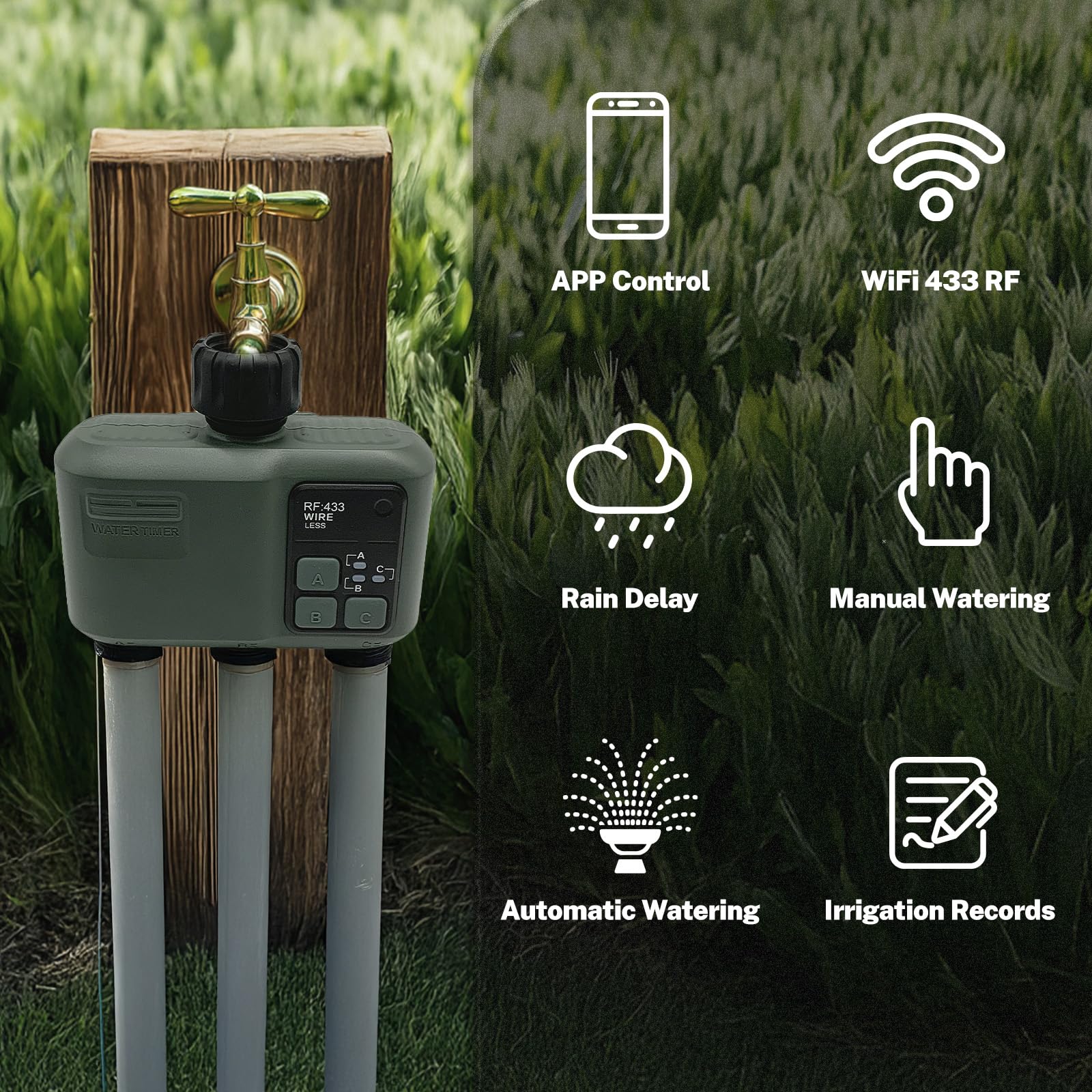 johgee Programador Riego WiFi 3 Salidas con tecnología RF 433 500M, riego temporizado Inteligente con App, Control por Voz Alexa, 6 horarios de riego, Temporizador de riego automático para jardín